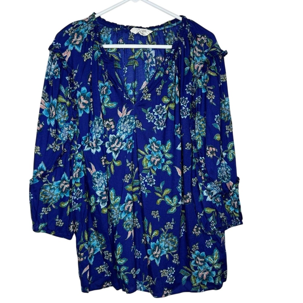 Candace‎ Cameron Bure Womens Blue Floral Blouse 3X Ruffle Boho Peasant Church